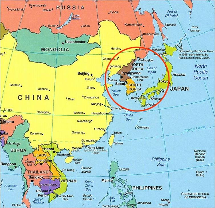 Покажи на карте северную корею. Где находится Южная Корея на карте.
